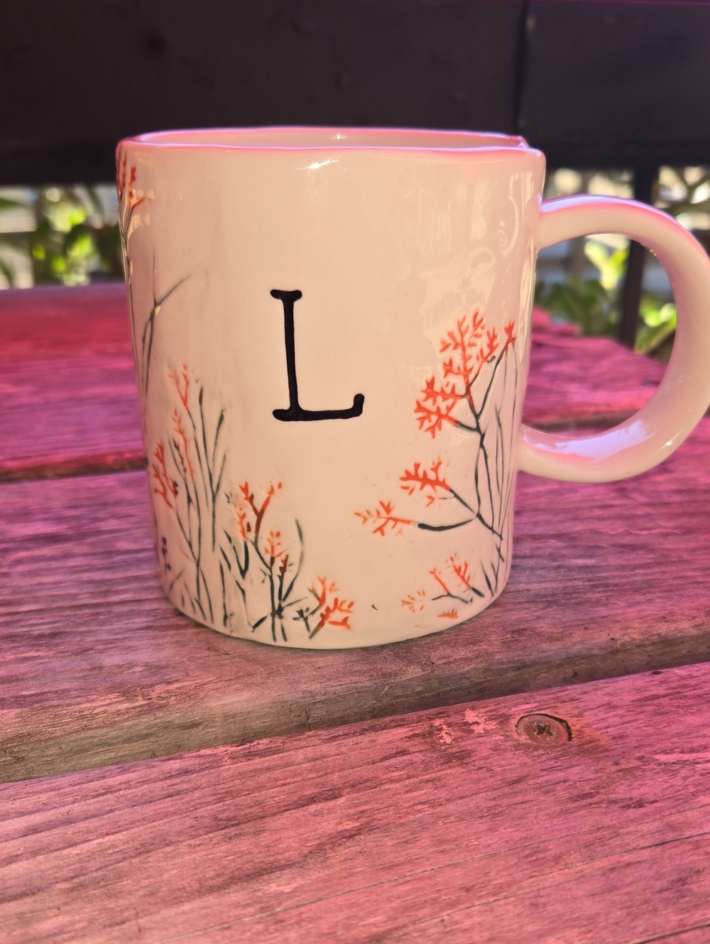 Monogram L Ceramic Mug with Orange Floral Design By Anthropologie